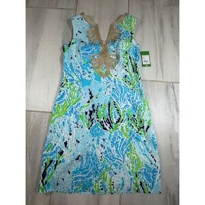 Lilly Pulitzer Janice Shift Dress Spa Blue Lets Cha Cha Gold Soutach Sz 8 NEW